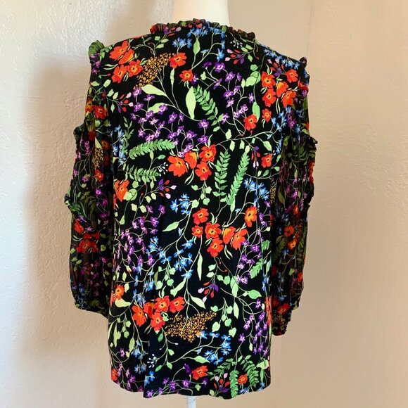 ANTHROPOLOGIE Maeve Jacquin Peasant Blouse Black Floral Ruffle Sleeve Blouse L - Picture 6 of 11